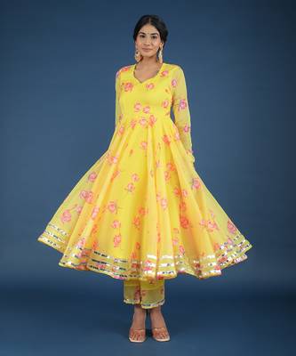 Yellow Oleander Organza Anarkali Set 4