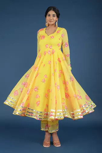Yellow Oleander Organza Anarkali Set