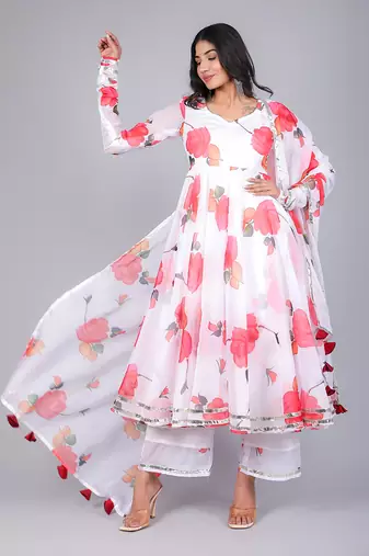 Aanchal Red Phool Organza Anarkali Set