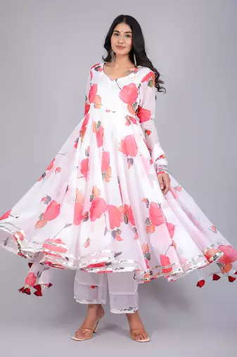 Aanchal Red Phool Organza Anarkali Set