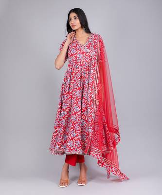 Fiza Red Cotton Anarkali Set 1
