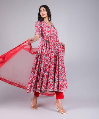Fiza Red Cotton Anarkali Set 2