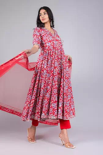 Fiza Red Cotton Anarkali Set