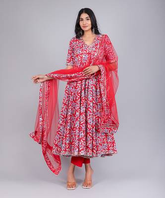 Fiza Red Cotton Anarkali Set 3