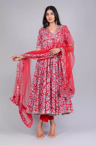 Fiza Red Cotton Anarkali Set