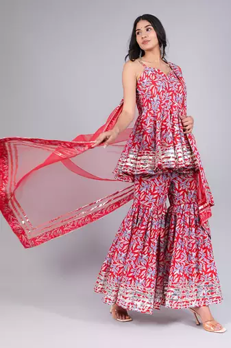 Fiza Red Cotton Sharara Set