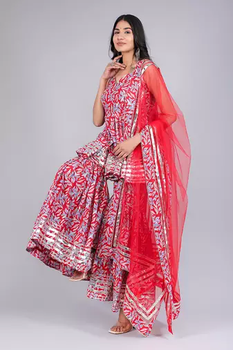 Fiza Red Cotton Sharara Set