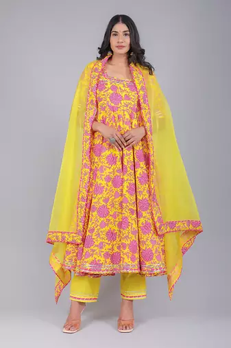 Adiba Yellow Cotton Anarkali Set