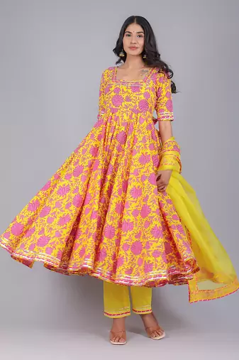 Adiba Yellow Cotton Anarkali Set