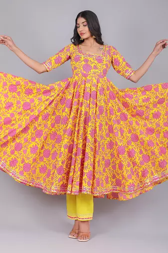 Adiba Yellow Cotton Anarkali Set