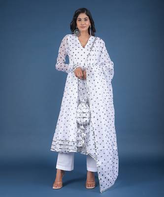 Polka Dot White Anarkali Set 1