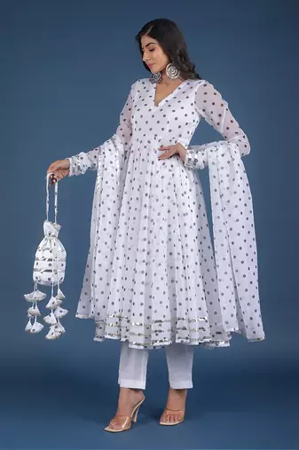 Polka Dot White Anarkali Set