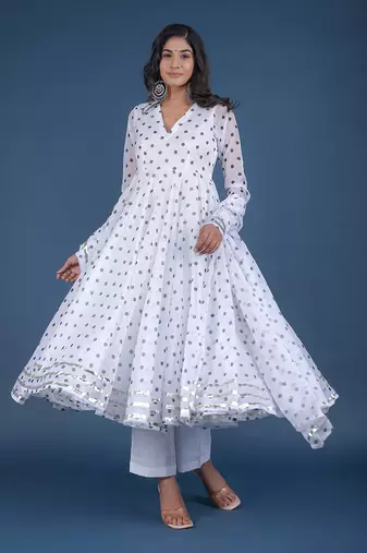 Polka Dot White Anarkali Set