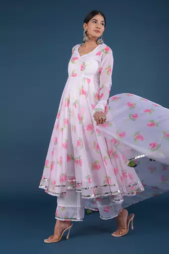 Pink Lily White Anarkali Set