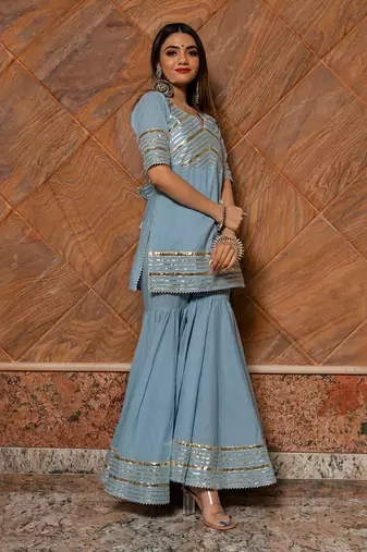 Powder Blue Organza Silver Gotti Patti Work Sharara Suit