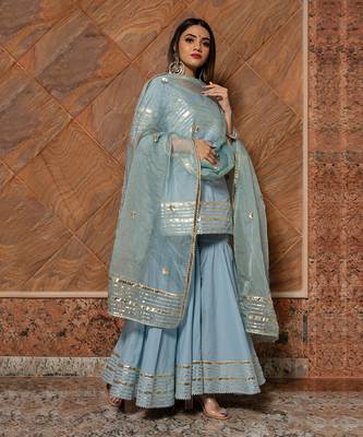 Powder Blue Organza Silver Gotti Patti Work Sharara Suit 1
