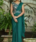 Dark green plain pure satin saree with blouse