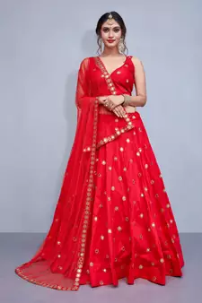RED EMBROIDERED WITH MIRROR WORK ART SILK SEMI STITCHED WEDDING LEHENGA