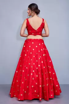 RED EMBROIDERED WITH MIRROR WORK ART SILK SEMI STITCHED WEDDING LEHENGA