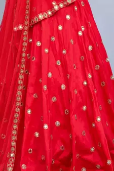 RED EMBROIDERED WITH MIRROR WORK ART SILK SEMI STITCHED WEDDING LEHENGA