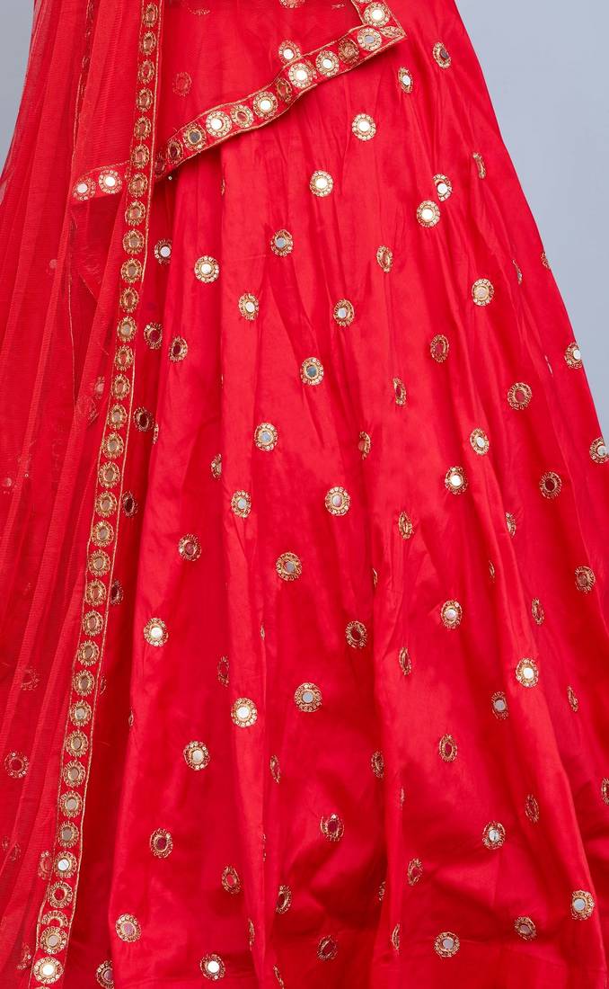 RED EMBROIDERED WITH MIRROR WORK ART SILK SEMI STITCHED WEDDING LEHENGA
