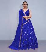 BLUE EMBROIDERED WITH MIRROR WORK ART SILK SEMI STITCHED WEDDING LEHENGA