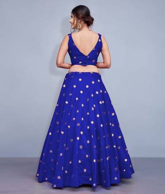 BLUE EMBROIDERED WITH MIRROR WORK ART SILK SEMI STITCHED WEDDING LEHENGA 2