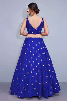 BLUE EMBROIDERED WITH MIRROR WORK ART SILK SEMI STITCHED WEDDING LEHENGA