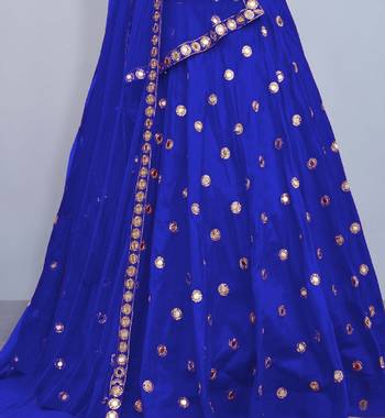 BLUE EMBROIDERED WITH MIRROR WORK ART SILK SEMI STITCHED WEDDING LEHENGA 4
