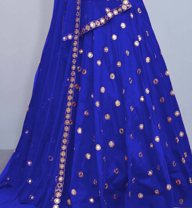 BLUE EMBROIDERED WITH MIRROR WORK ART SILK SEMI STITCHED WEDDING LEHENGA