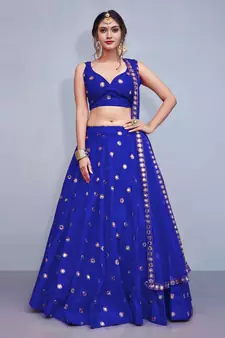 BLUE EMBROIDERED WITH MIRROR WORK ART SILK SEMI STITCHED WEDDING LEHENGA