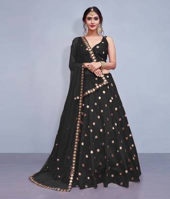 BLACK EMBROIDERED WITH MIRROR WORK ART SILK SEMI STITCHED LEHENGA CHOLI WITH DUPATTA 1