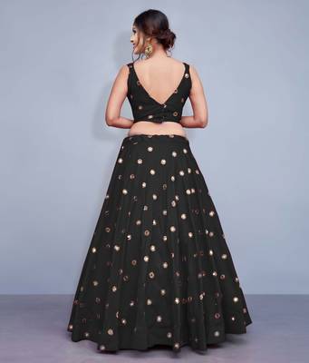 BLACK EMBROIDERED WITH MIRROR WORK ART SILK SEMI STITCHED LEHENGA CHOLI WITH DUPATTA 2