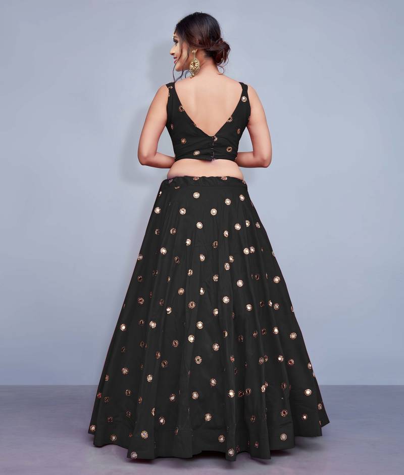BLACK EMBROIDERED WITH MIRROR WORK ART SILK SEMI STITCHED LEHENGA CHOLI WITH DUPATTA