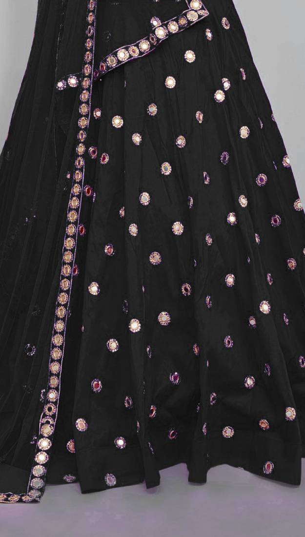 BLACK EMBROIDERED WITH MIRROR WORK ART SILK SEMI STITCHED LEHENGA CHOLI WITH DUPATTA