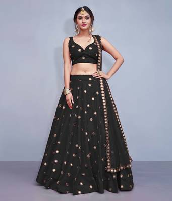 BLACK EMBROIDERED WITH MIRROR WORK ART SILK SEMI STITCHED LEHENGA CHOLI WITH DUPATTA 5