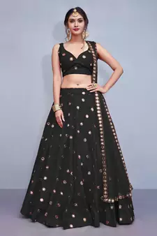 BLACK EMBROIDERED WITH MIRROR WORK ART SILK SEMI STITCHED LEHENGA CHOLI WITH DUPATTA