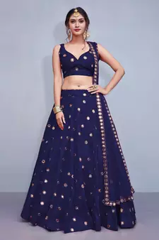 Divine Art Silk Mirror Work Navy Blue Lehenga Choli