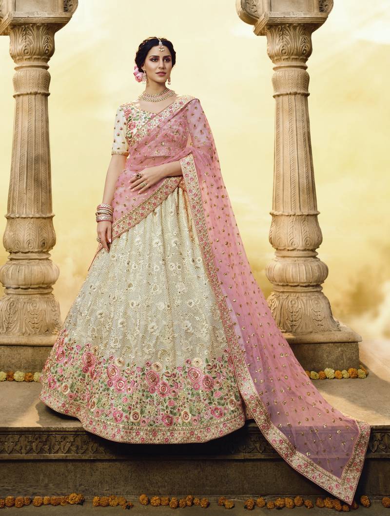 WHITE SEQUINS ZARI AND THREAD EMBROIDERED GEORGETTE FESTIVE & PARTY WEAR SEMI STITCHED BRIDAL LEHENGA