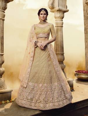 GOLDEN PEARL AND AARI EMBROIDERED NET FESTIVE & PARTY WEAR SEMI STITCHED BRIDAL LEHENGA 3