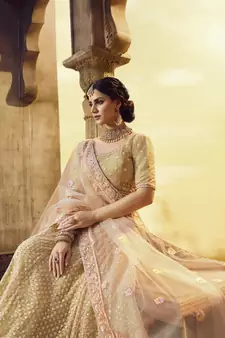 GOLDEN PEARL AND AARI EMBROIDERED NET FESTIVE & PARTY WEAR SEMI STITCHED BRIDAL LEHENGA