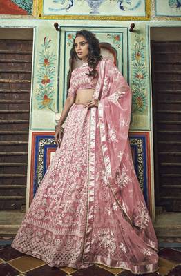 PEACH PEARL AND THREAD EMBROIDERED SOFT NET FESTIVE & PARTY WEAR SEMI STITCHED BRIDAL LEHENGA 1