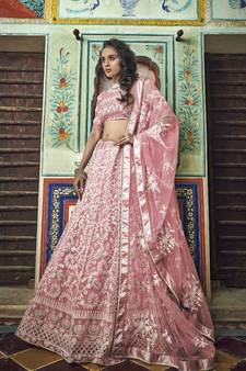 PEACH PEARL AND THREAD EMBROIDERED SOFT NET FESTIVE & PARTY WEAR SEMI STITCHED BRIDAL LEHENGA