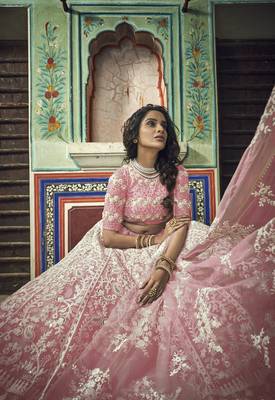PEACH PEARL AND THREAD EMBROIDERED SOFT NET FESTIVE & PARTY WEAR SEMI STITCHED BRIDAL LEHENGA 2