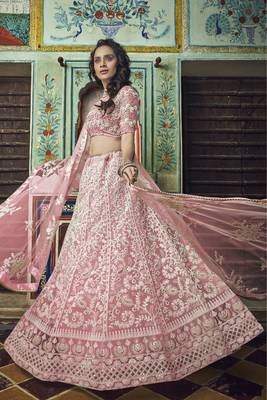 PEACH PEARL AND THREAD EMBROIDERED SOFT NET FESTIVE & PARTY WEAR SEMI STITCHED BRIDAL LEHENGA 3