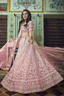 PEACH PEARL AND THREAD EMBROIDERED SOFT NET FESTIVE & PARTY WEAR SEMI STITCHED BRIDAL LEHENGA