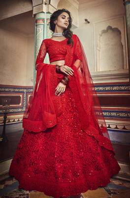 Red Net Sequin Work and Dori Embroidered Lehenga Choli with Net Dupatta 1