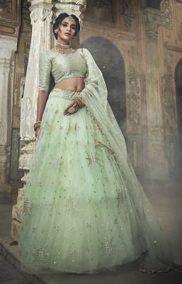 SEA GREEN SEQUINS AND ZARI EMBROIDERED SOFT NET FESTIVE & PARTY WEAR SEMI STITCHED BRIDAL LEHENGA 1