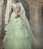 SEA GREEN SEQUINS AND ZARI EMBROIDERED SOFT NET FESTIVE & PARTY WEAR SEMI STITCHED BRIDAL LEHENGA