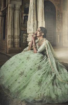 SEA GREEN SEQUINS AND ZARI EMBROIDERED SOFT NET FESTIVE & PARTY WEAR SEMI STITCHED BRIDAL LEHENGA 2